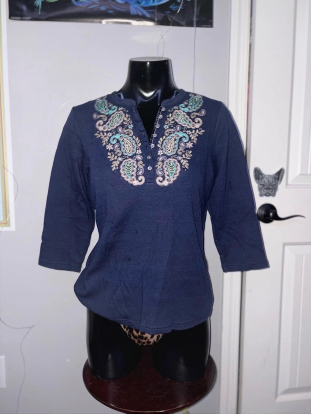 croft & barrow Navy Tunic with Teal and Cream Paisley Embroidery